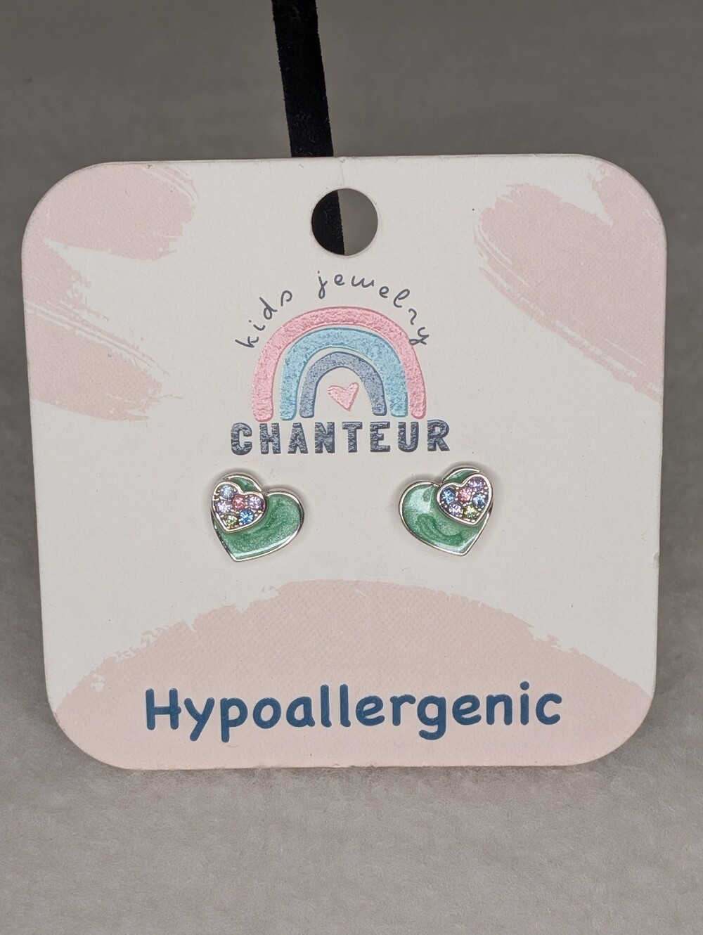 NWT Chanteur Kids Hypoallergenic Titanium Mint Green Enamel Pastel Heart Stud